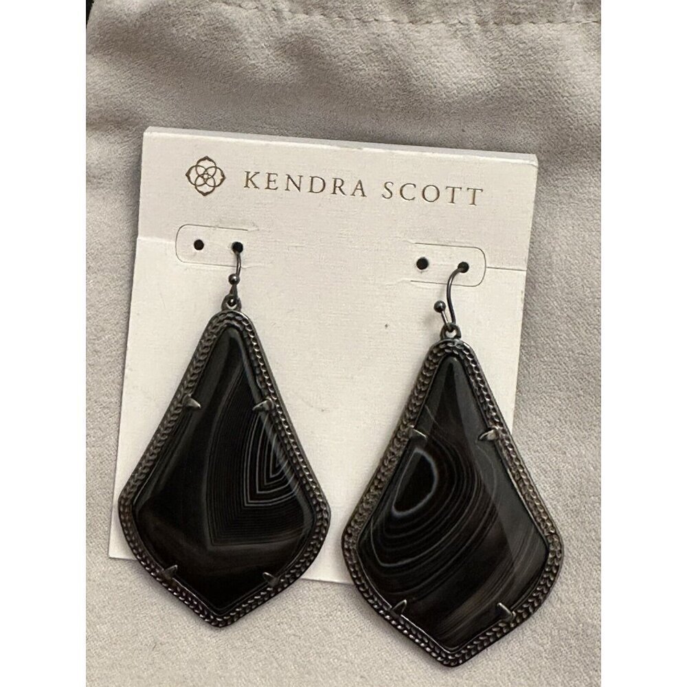Kendra Scott Alexandra Gunmetal Earrings Black Banded Agate Statement Dangle BBA